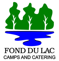 A logo for Fond du Lac camps and catering, comprised of three leefy trees with a pond in front of it